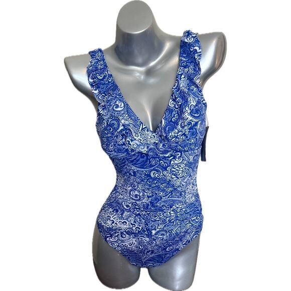 LRL Ralph Lauren One Piece Swimsuit Sz 4 Blue White Underwire Ruffle Womens NEW - Picture 2 of 8